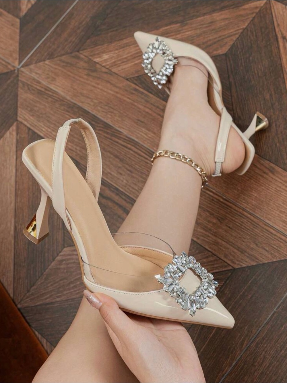 SHEIN Cream Pointed Slingback Heels with Crystal Buckle